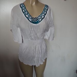 PerSeption Concept White Blouse with Teal Embroidery
